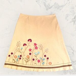 Cotton velvet midi knee length Floral Embroidered Cream Skirt cabincore